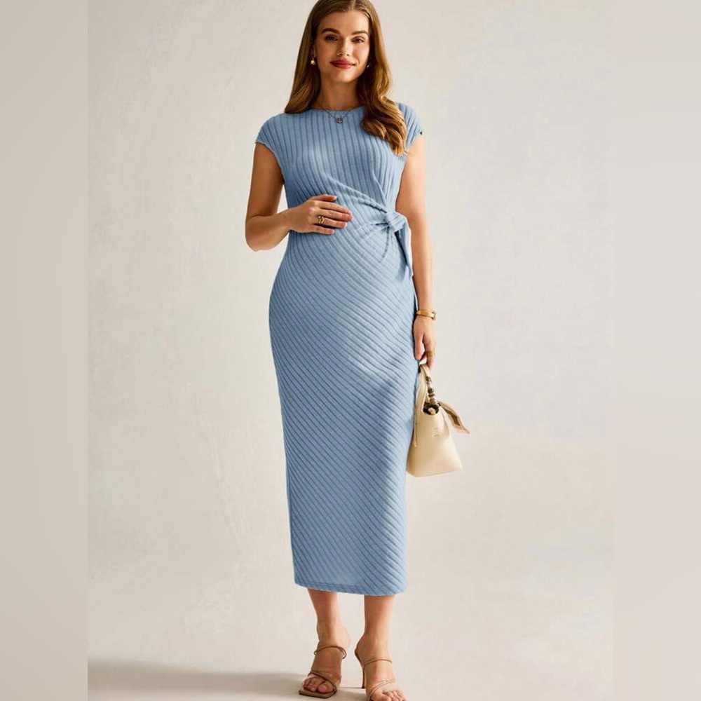 SHEIN Blue Ribbed Midi Maternity Dress